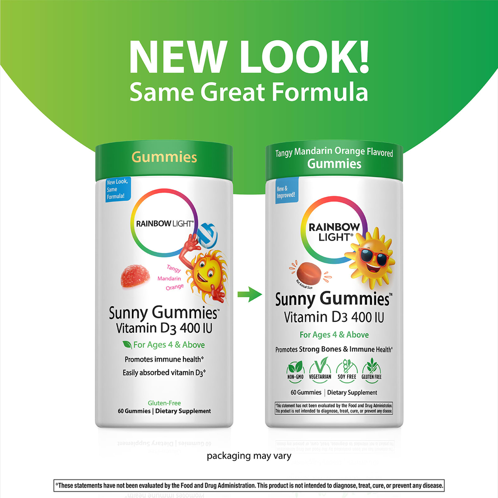 Rainbow Light, Sunny Gummies ™, витамин D3, для детей от 4 лет, насыщенный мандаринский апельсин, 10 мкг (400 МЕ), 60 жевательных таблеток