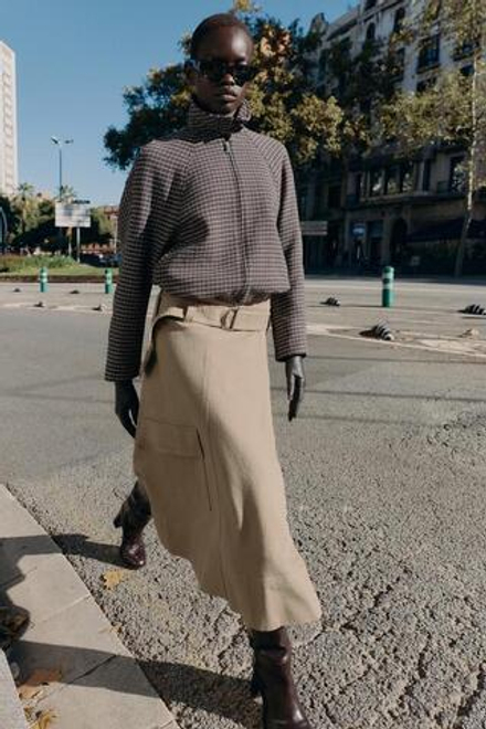 ZARA ЮБКА МИДИ КАРГО С РЕМНЕМ, ПЕСОЧНЫЙ