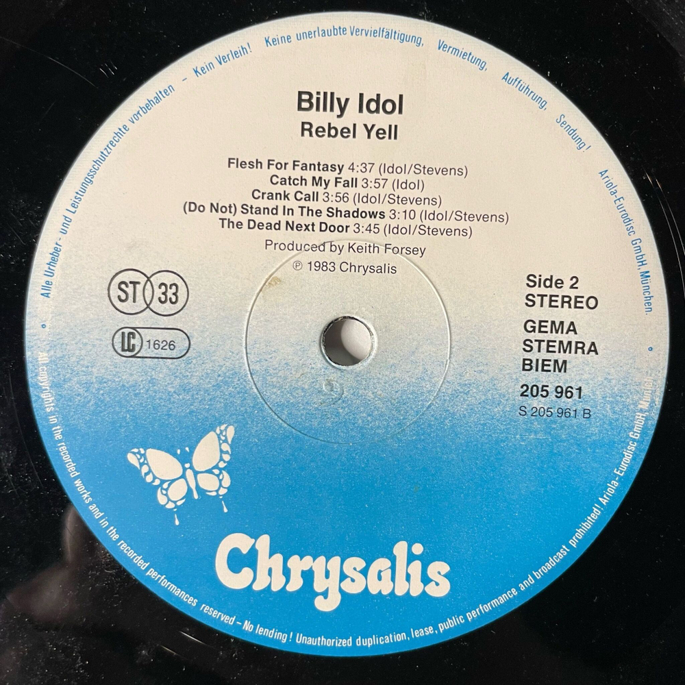Винтажная виниловая пластинка LP Billy Idol Rebel Yell (Без Конверта) (Germany 1983)