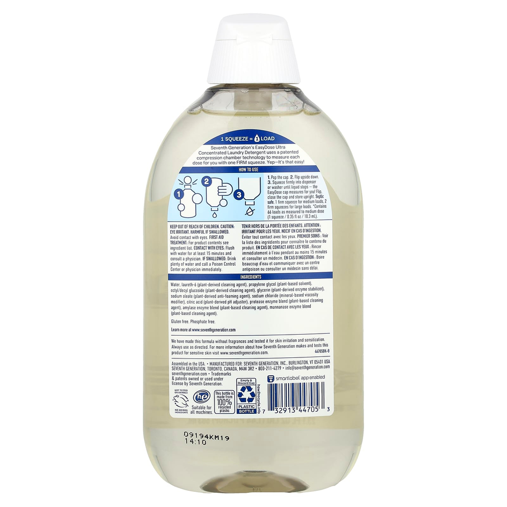Seventh Generation, Easydose, ультраконцентрированное средство для стирки, бесцветное и прозрачное средство, 66 загрузок, 683 мл (23,1 жидк. унц.)