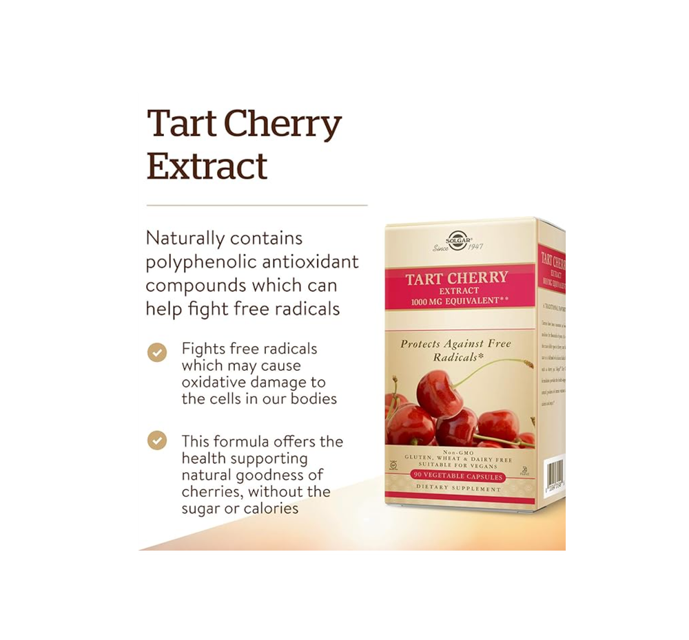 Solgar Tart Cherry 1000 мг, 90 растительных капсул — антиоксидант с кверцетином, хлорогеновой кислотой и соединениями антоцианов — без ГМО, веганский, без глютена, без молочных продуктов — 90 порций