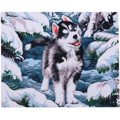 Алмазная мозаика на подрамнике с полным заполнением «МИР ЯРКИХ КРАСОК», щенок хаски, 30*40см