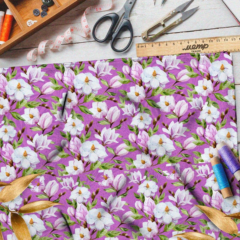 Ткань оксфорд 600 белые и розовые петуньи на сиреневом фоне