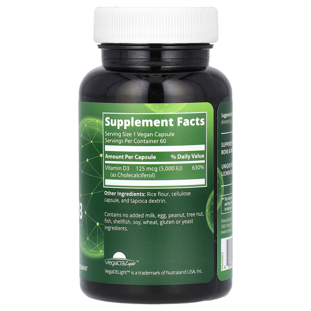 MRM Nutrition, веганский витамин D3, 125 мкг (5000 МЕ), 60 веганских капсул
