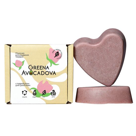 Молочко для умывания твёрдое с пудрой розы, Greena Avocadova, 50 г