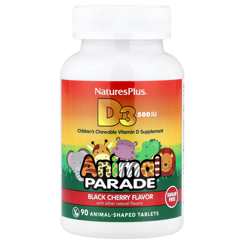 NaturesPlus, Animal Parade®, витамин D3, со вкусом черешни, 12,5 мкг (500 МЕ), 90 таблеток в форме животных