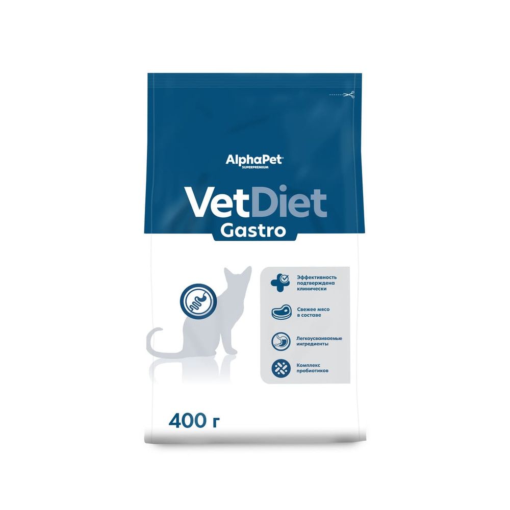 Сухой корм AlphaPet VET DIET для взрослых кошек GASTRO при расстройстве пищеварительной системы и истощении - 0,4 кг