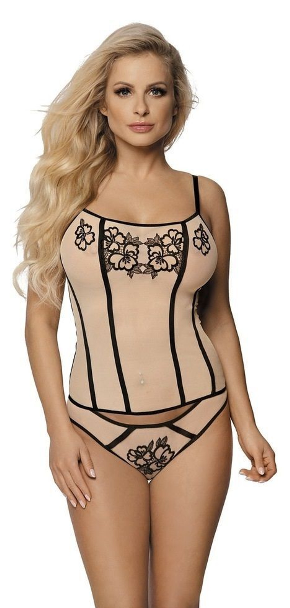 Соблазнительный комплект: корсаж и трусики-бразилиана (Размер: S-M) (Цвет: телесный с черным)