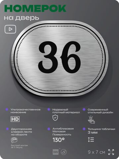 Номерок на дверь квартиры 36, для кабинета, офиса, шильдик 9 х 7 см, серебристый, Айдентика Технолоджи