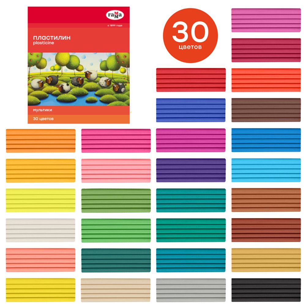 Пластилин 30 цветов Гамма Мультики, 600гр, со стеком, картон.упак.