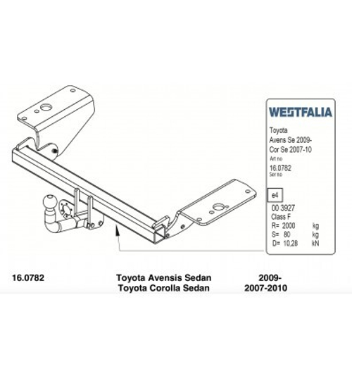 Фаркоп Westfalia 335343600001 Toyota Avensis 2009-, Corola 2007-2010(паспорт и сертификат в комплекте)(без электрики)