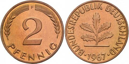 Германия - ФРГ 2 пфеннига, 1950-1968 Дубовые листья XF