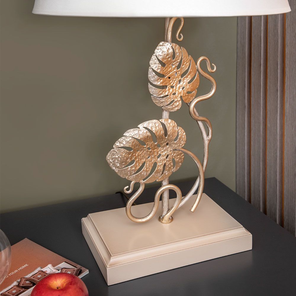 Настольная лампа Monstera Deliciosa (Монстера) Айвори Мраморное золото с абажуром Сити Белый