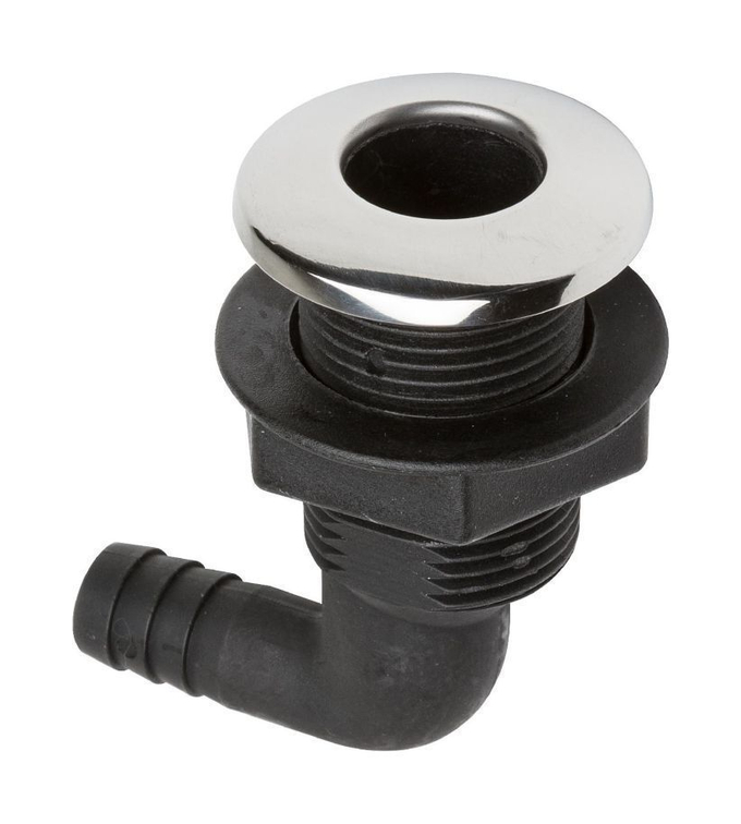 Разъем водосброса угловой пластиковый с крышкой из нержавеющей стали под шланг 16 мм, черный