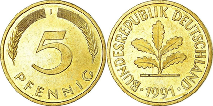 Германия - ФРГ 5 пфеннигов, 1950-2001 Дубовые листья XF