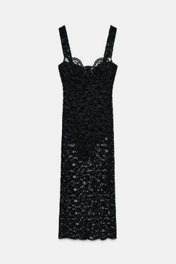 ZARA КРУЖЕВНОЕ ПЛАТЬЕ МИДИ, ЧЕРНЫЙ