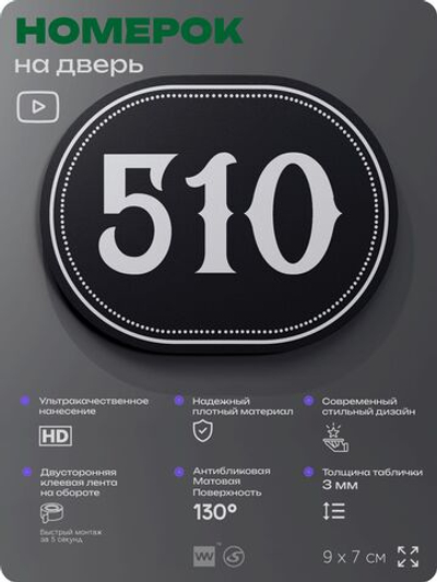 Номерок на дверь квартиры 510, для кабинета, офиса, шильдик 9 х 7 см, черный, Айдентика Технолоджи