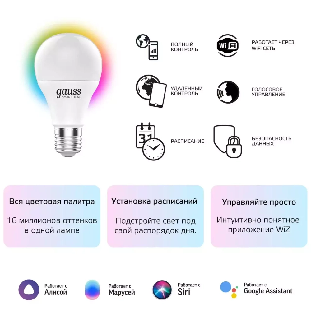 Лампа Gauss Smart Home A60 10W 1055lm 2700-6500К E27 RGBW+изм.цвет.темп.+диммирование LED 1180112