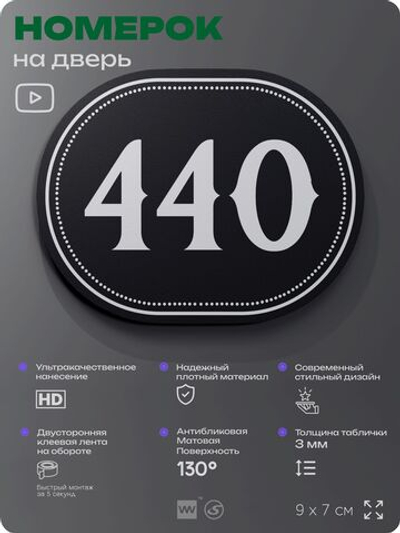 Номерок на дверь квартиры 440, для кабинета, офиса, шильдик 9 х 7 см, черный, Айдентика Технолоджи