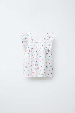 ZARA ФУТБОЛКА ИЗ РЕЛЬЕФНОЙ ТКАНИ С ЦВЕТОЧНЫМ ПРИНТОМ, ЭКРЮ