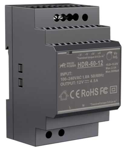 Источник питания PROMPOWER HDR-60-12, на вых. 12 В DC, 4.5А, 54Вт. Вх. 85-264В AC (120-370 В DC)