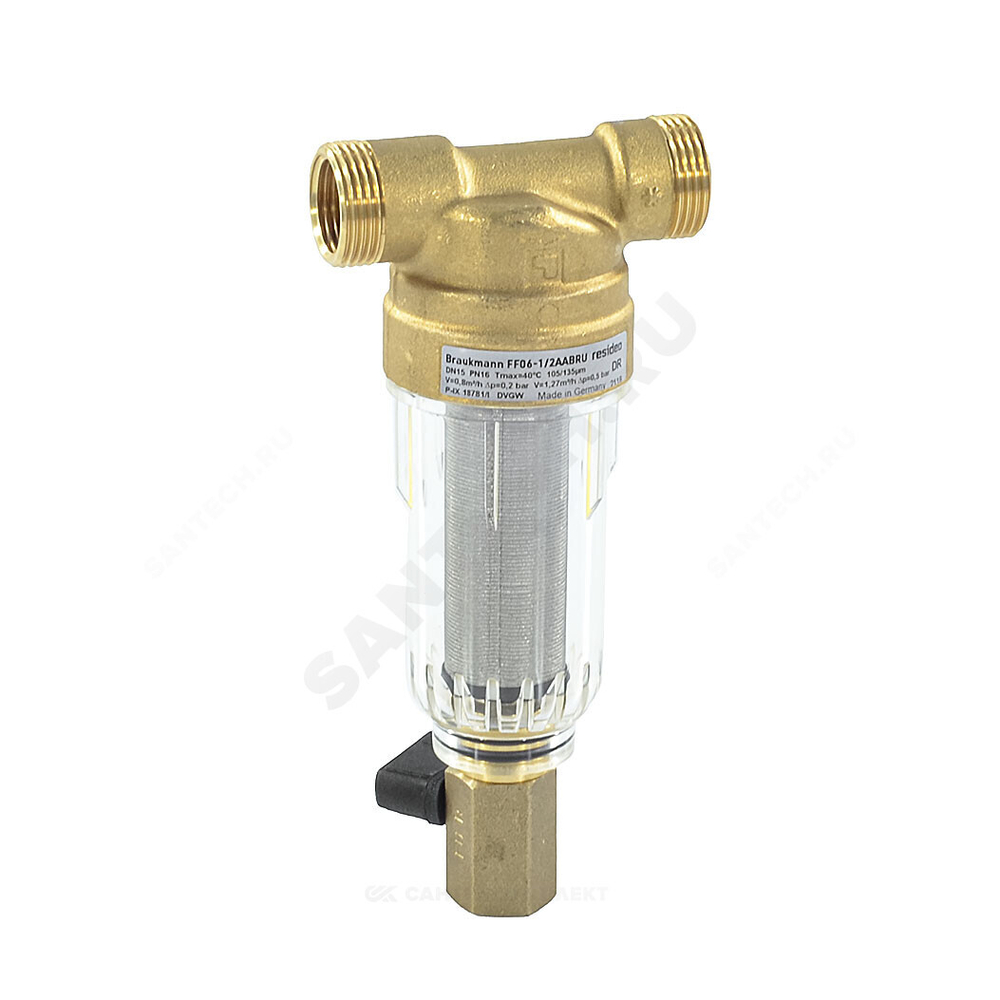 Фильтр сетчатый T-образный латунь Ду 15 Ру16 Тмакс=40 oC G1/2" НР FF06 с краном Honeywell-Braukmann FF06-1/2"AA