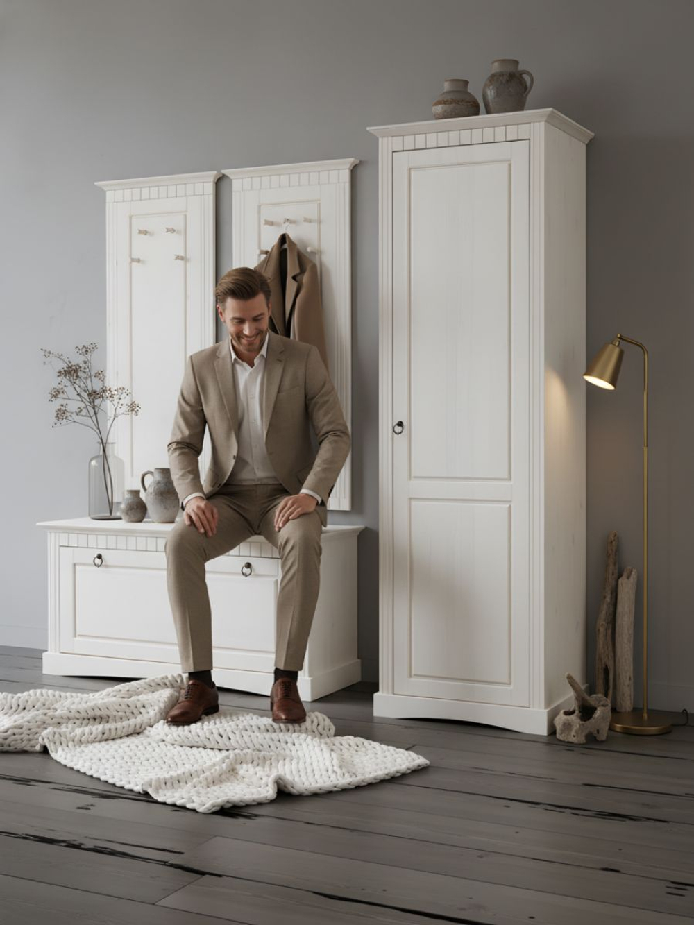 Шкаф 58х41х179, Неаполь, распашной для одежды, в прихожую, спальню, массив сосны, белый, Dipriz