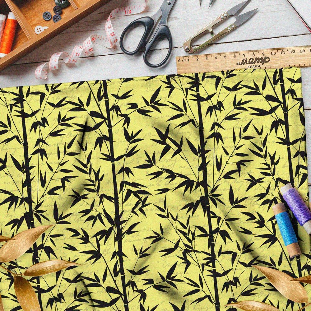 Ткань дюспо чёрный бамбук на жёлтом фоне
