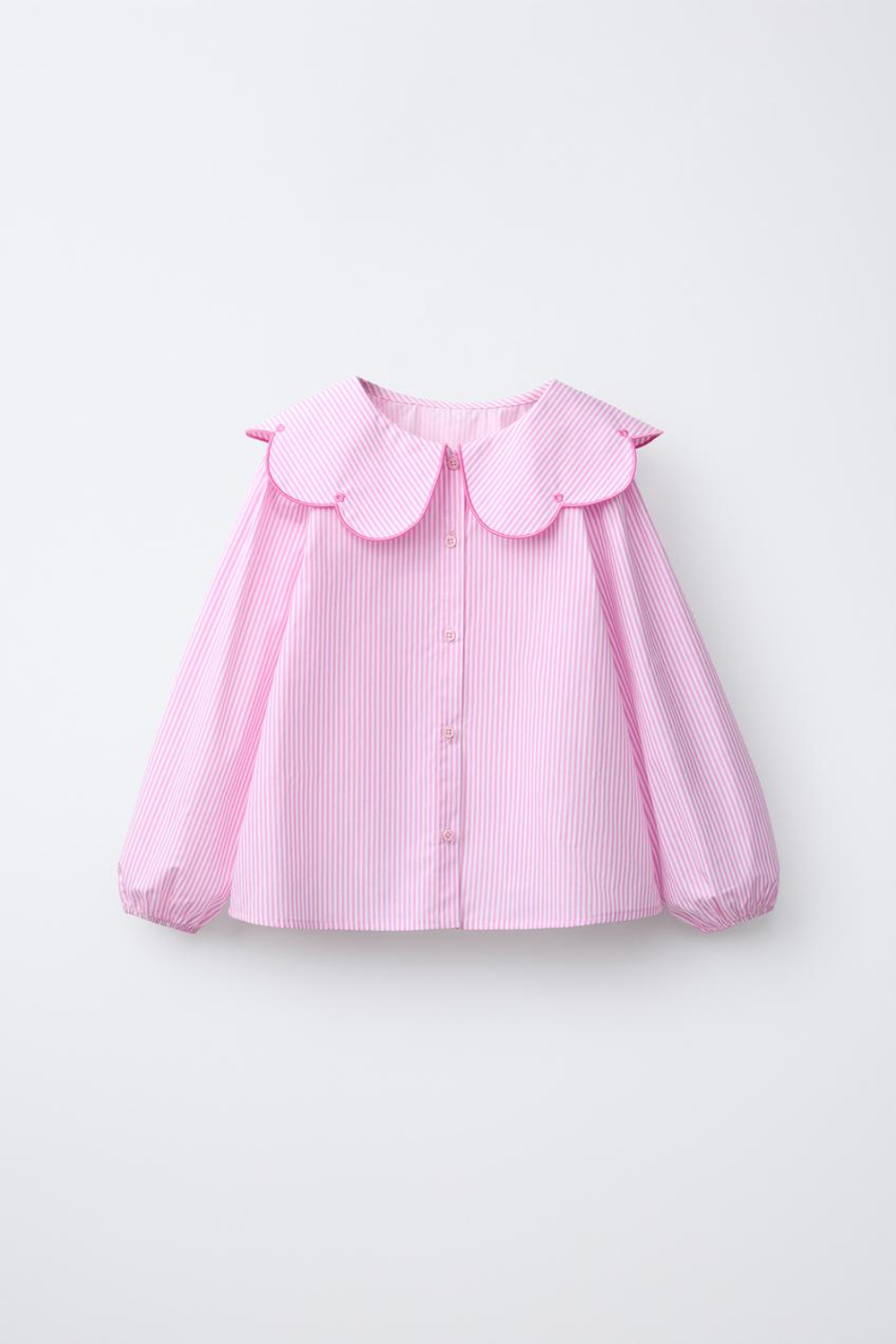 ZARA РУБАШКА В ПОЛОСКУ С ВЫШИВКОЙ НА ВОРОТНИКЕ, МЯГКИЙ РОЗОВЫЙ