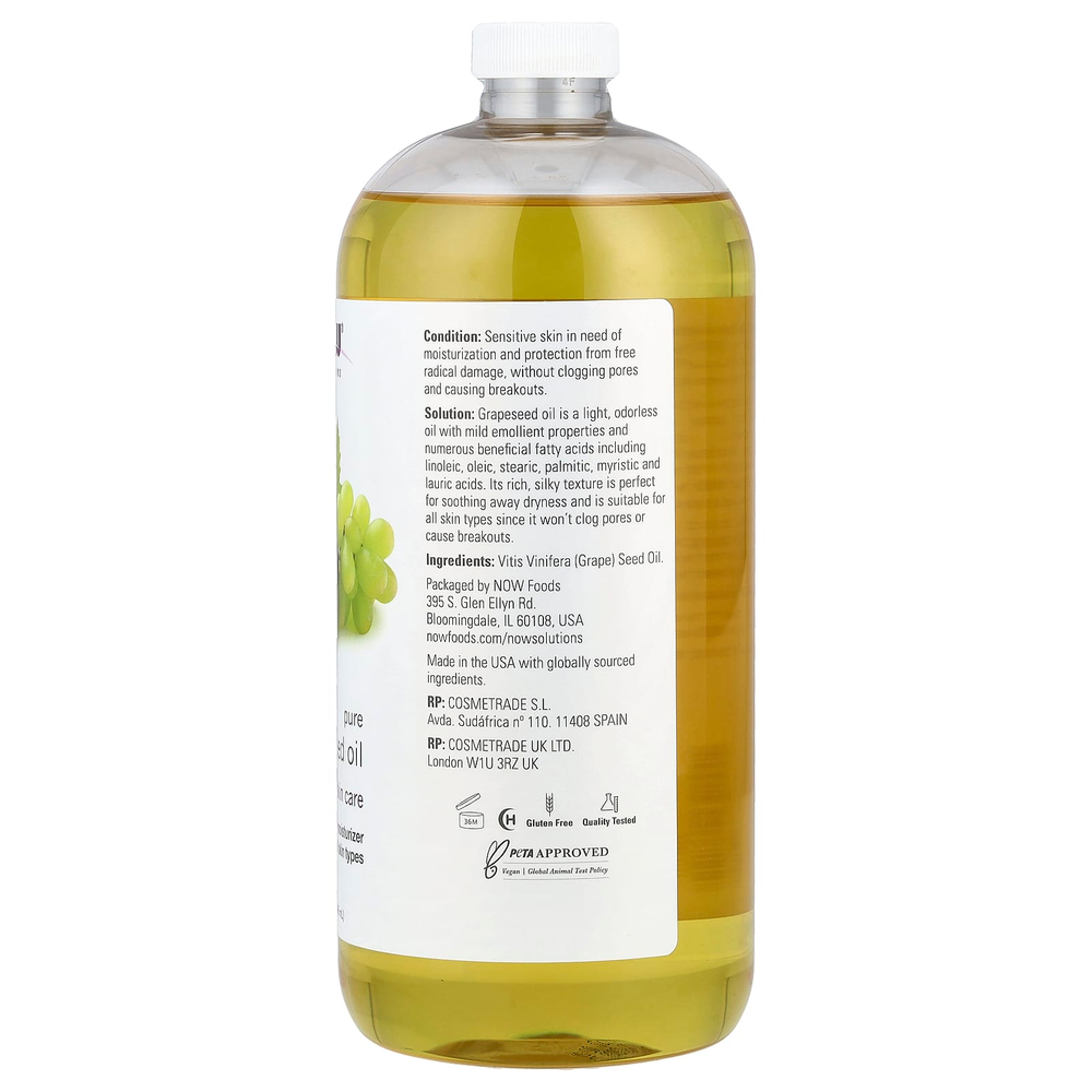 NOW Foods, Solutions, чистое масло из виноградных косточек, для всех типов кожи, 946 мл (32 жидк. Унции)