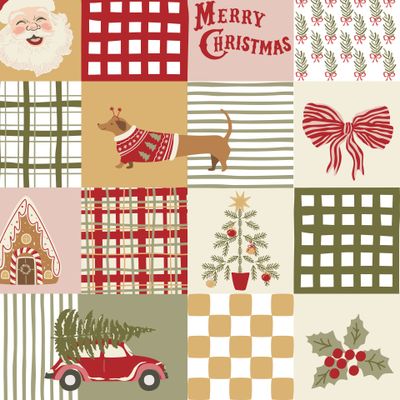 Новогодний пэчворк, ретро Санта, собака, клетка