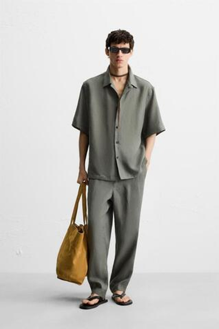 ZARA БРЮКИ ИЗ 100% ЛЬНА, ЗЕЛЕНОВАТО-СИНИЙ