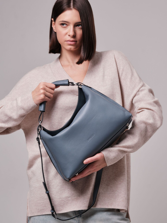 Сумка кожаная на плечо сине-серая