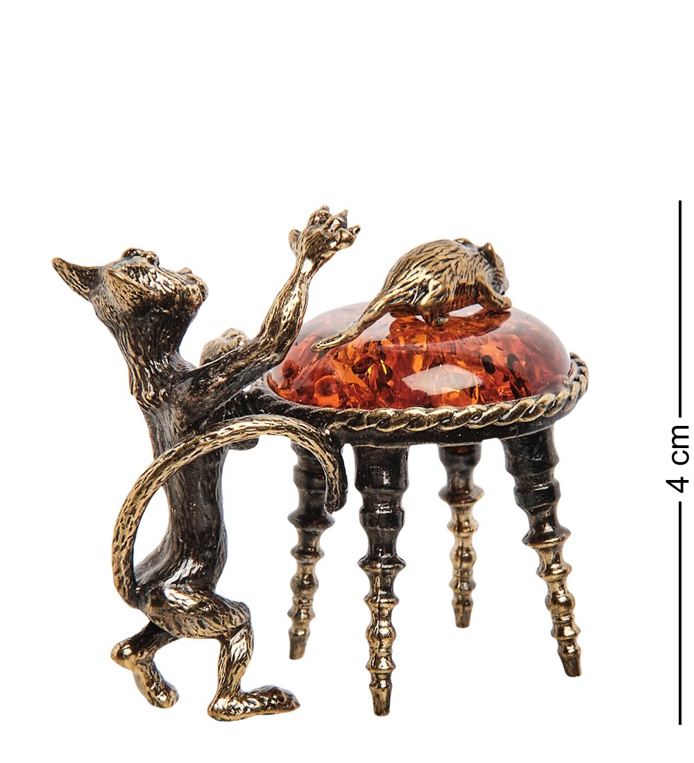 Народные промыслы AM- 653 Фигурка «Кот и мышка на пуфе» (латунь, янтарь)