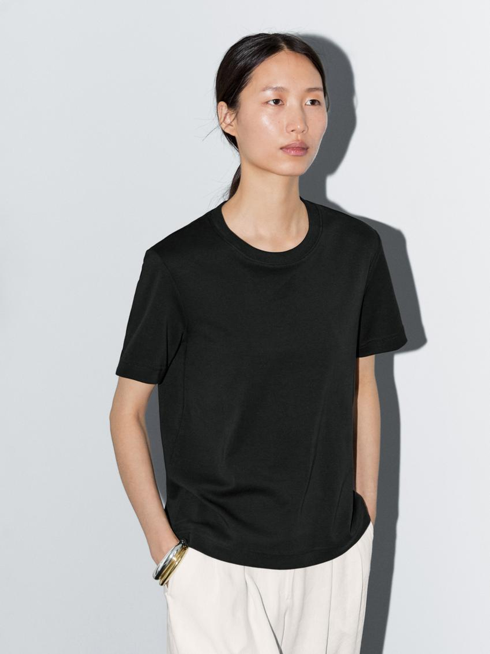 Massimo Dutti Футболка с коротким рукавом из 100% хлопка, черный