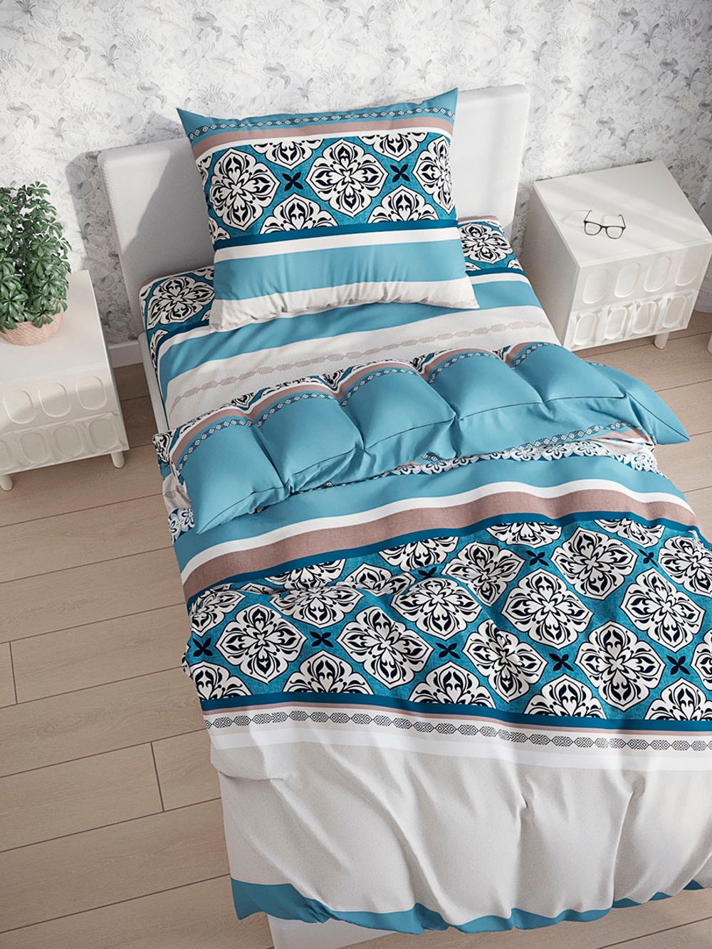 Постельное белье полисатин Simple House "Motivo" 1,5-сп Наволочка 50х70 см 1 шт Простынь на резинке 90x200 см Пододеяльник 145x215 см