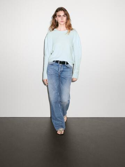 Massimo Dutti Свитер из 100% кашемира с круглым вырезом, небесно-голубой