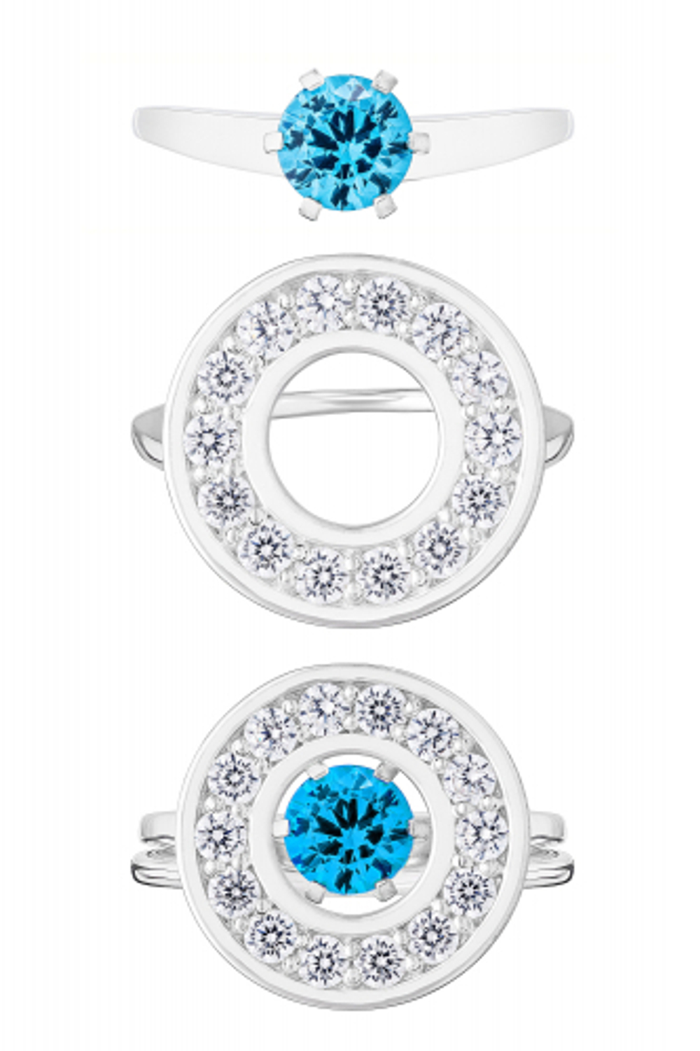 Кольцо сборное из серебра со вставками из выращенной голубой шпинели и бесцветных фианитов