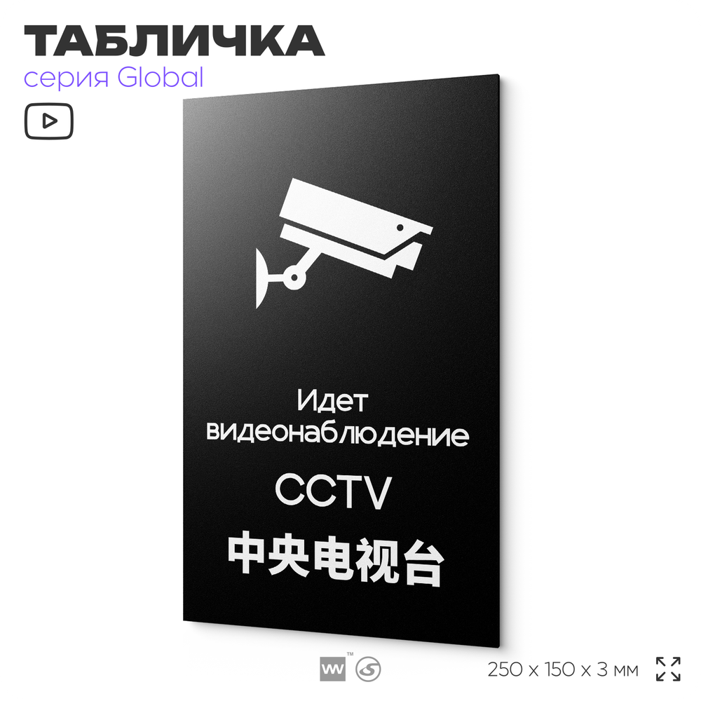 Табличка Ведется видеонаблюдение, на дверь и стену, информационная и мультиязычная (русский, английский, китайский), серия GLOBAL, 25х15 см, Айдентика Технолоджи
