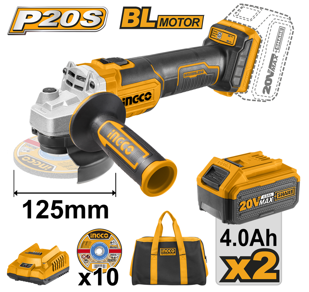 Аккумуляторная угловая шлифмашина 20В 125мм INDUSTRIAL, комп: сумка, 2 акб и з/у