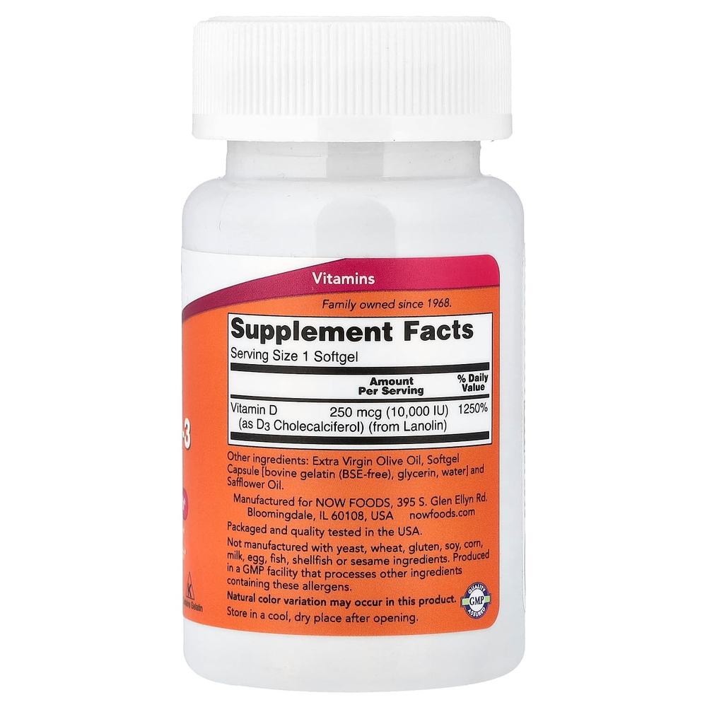 NOW Foods, витамин D3, высокоактивный, 10 000 МЕ, 120 капсул