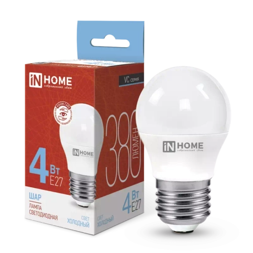 Лампа светодиодная LED-ШАР-VC 4Вт 230В Е27 6500К ХОЛОДНЫЙ 380Лм IN HOME