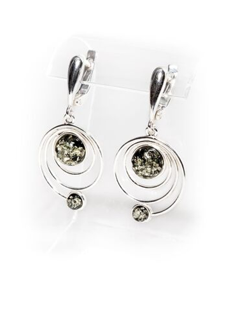 Серьги с натуральным янтарем зеленого цвета "Солнечная система"