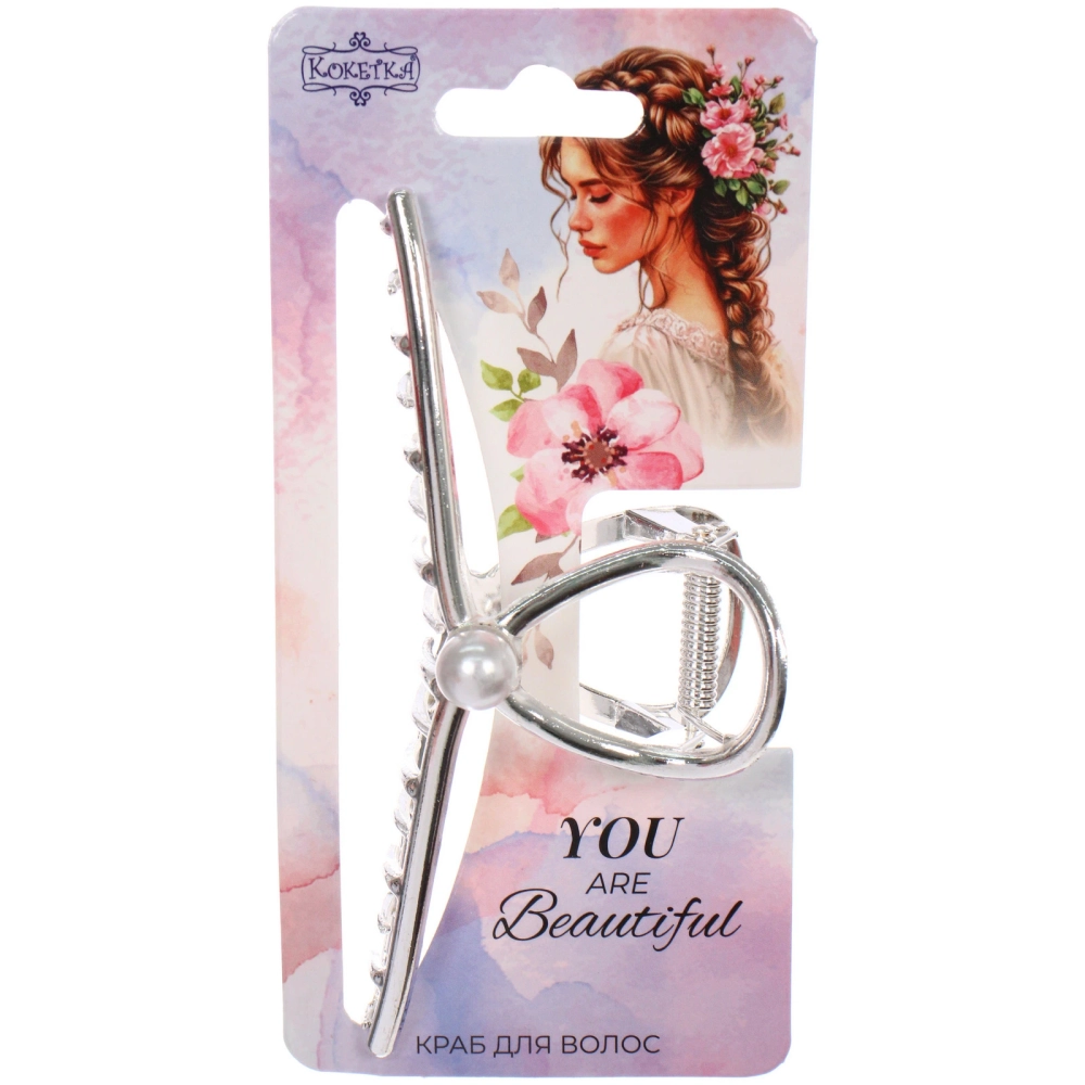 Заколка - краб для волос на блистере «PREMIUM», жемчужинка, цвет серебро и золото, 11,5см