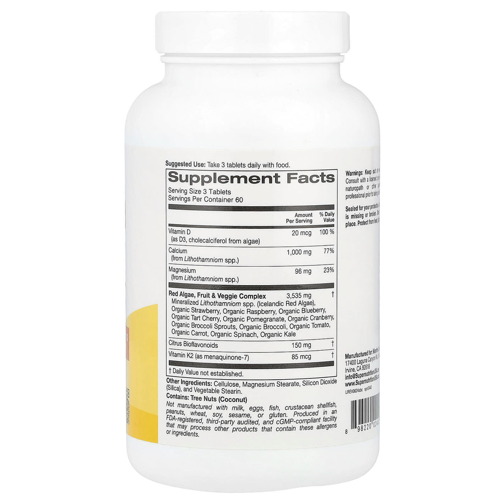 Super Nutrition, кальций из водорослей, добавка с кальцием, витамином D3 и магнием, органическая клубника, малина и голубика, 180 таблеток