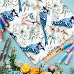 Ткань премиум интерлок синие птицы на ветках