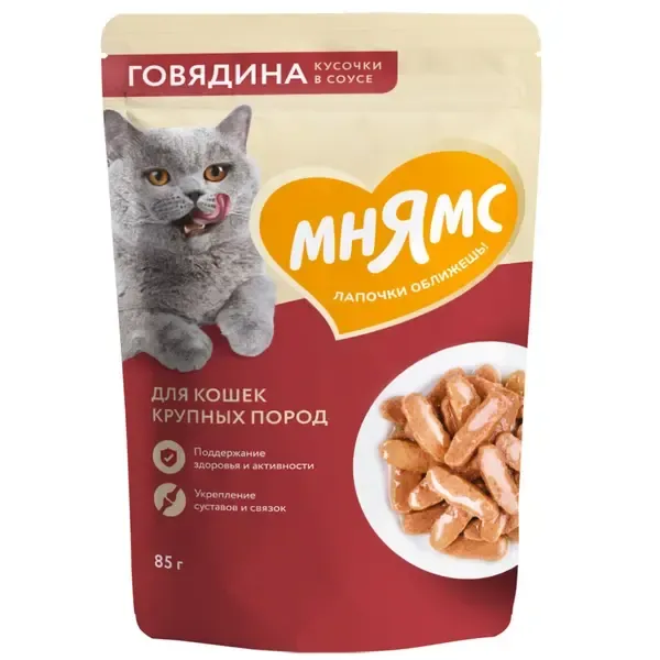 Уценка! Срок 14.07.26/ Пауч Мнямс для крупных кошек, кусочки в соусе с говядиной