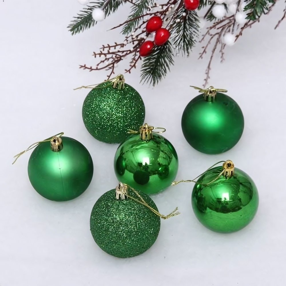 Новогодние шары 6 см (набор 6 шт) "Микс фактур", Зеленый (Серпантин)