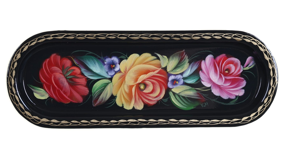 Жостовский поднос декоративный, размер 21х8 см (A4), металлический