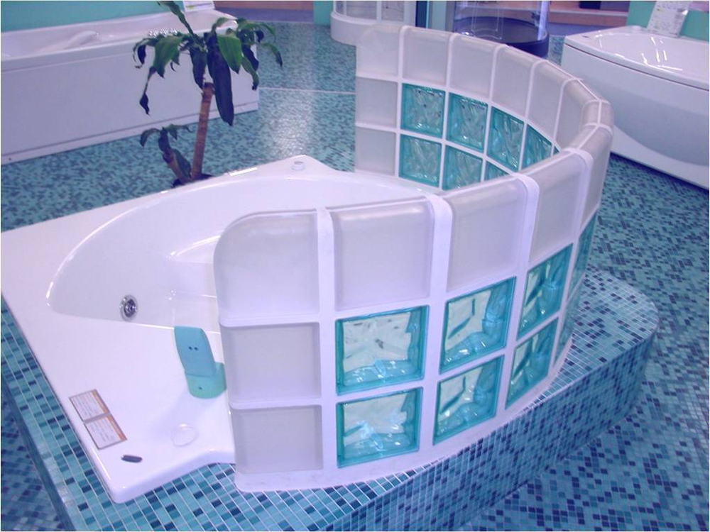 Завершающий стеклоблок синий волна окрашенный изнутри Vitrablok  19x19x8